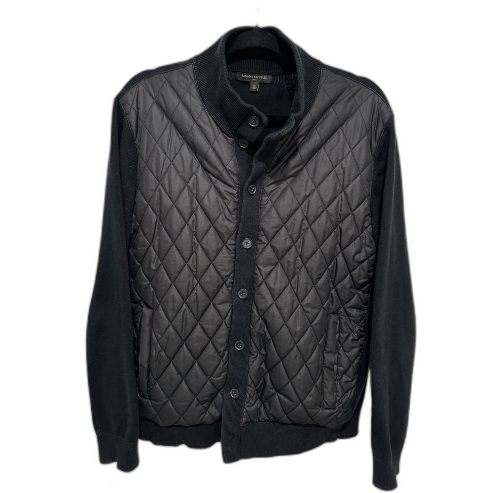 Banana Republic Men’s Sweater Jacket Black Quilted High Neck Medium Button Down